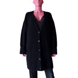 Uniqlo L Wool Alpaca Blend Black Cardigan Boucle Knit Sweater Longline Oversized